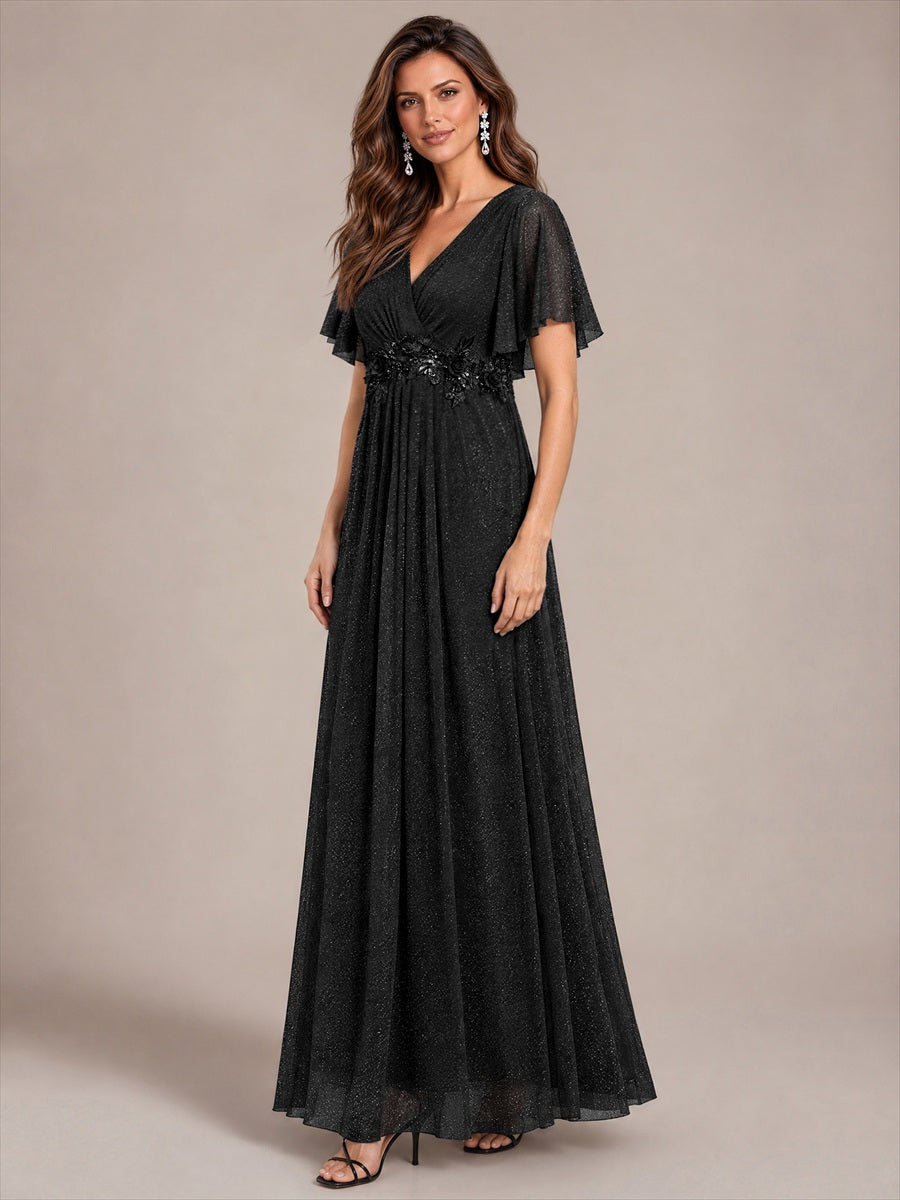 Maxikleid Mit V-Ausschnitt Falten Design Aus Lurex Netzstoff Fließender Rock Elegantes Abendkleid #Farbe_Schwarz