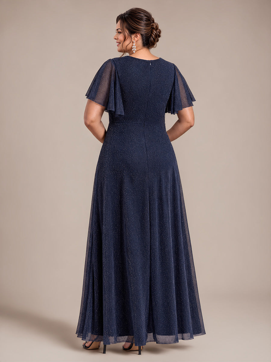 Maxikleid Mit V-Ausschnitt Falten Design Aus Lurex Netzstoff Fließender Rock Elegantes Abendkleid #Farbe_Marineblau