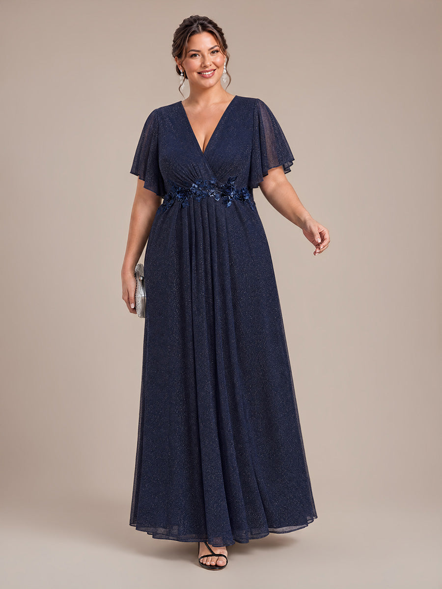 Maxikleid Mit V-Ausschnitt Falten Design Aus Lurex Netzstoff Fließender Rock Elegantes Abendkleid #Farbe_Marineblau