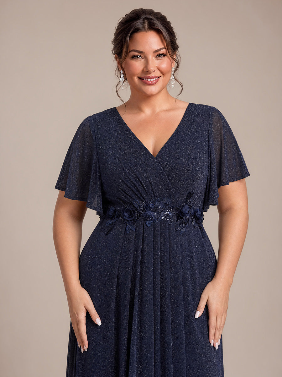 Maxikleid Mit V-Ausschnitt Falten Design Aus Lurex Netzstoff Fließender Rock Elegantes Abendkleid #Farbe_Marineblau