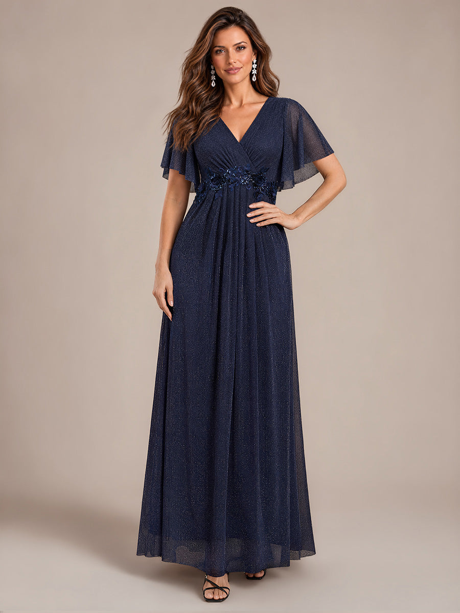 Maxikleid Mit V-Ausschnitt Falten Design Aus Lurex Netzstoff Fließender Rock Elegantes Abendkleid #Farbe_Marineblau