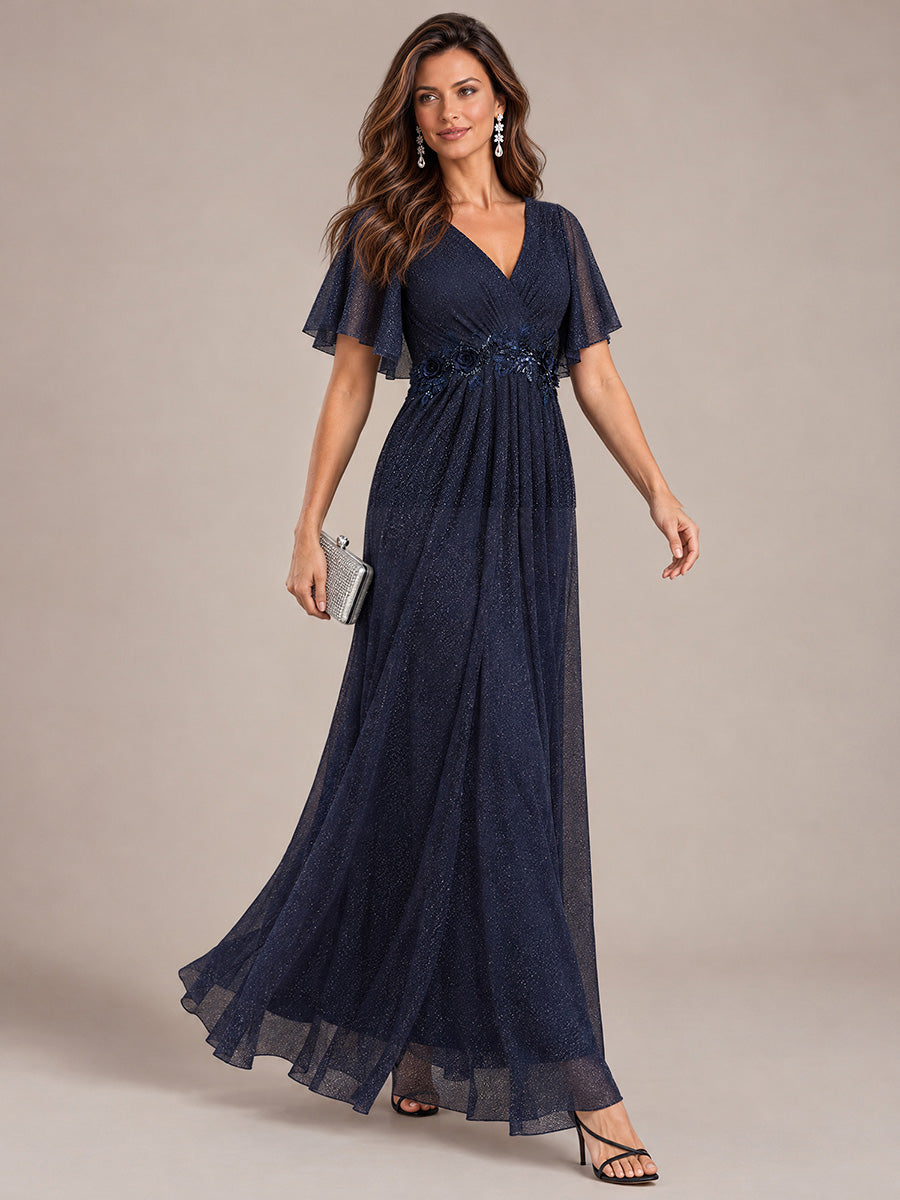 Maxikleid Mit V-Ausschnitt Falten Design Aus Lurex Netzstoff Fließender Rock Elegantes Abendkleid #Farbe_Marineblau