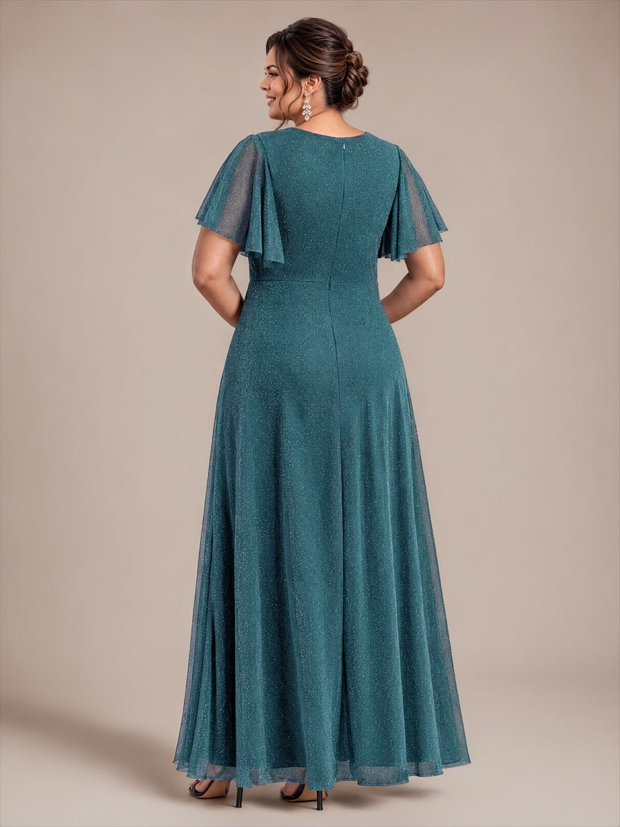 Maxikleid Mit V-Ausschnitt Falten Design Aus Lurex Netzstoff Fließender Rock Elegantes Abendkleid #Farbe_Petrol