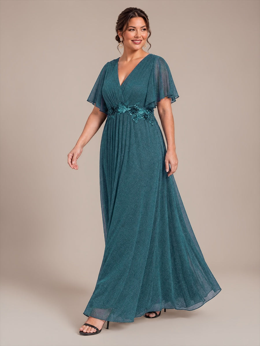 Maxikleid Mit V-Ausschnitt Falten Design Aus Lurex Netzstoff Fließender Rock Elegantes Abendkleid #Farbe_Petrol