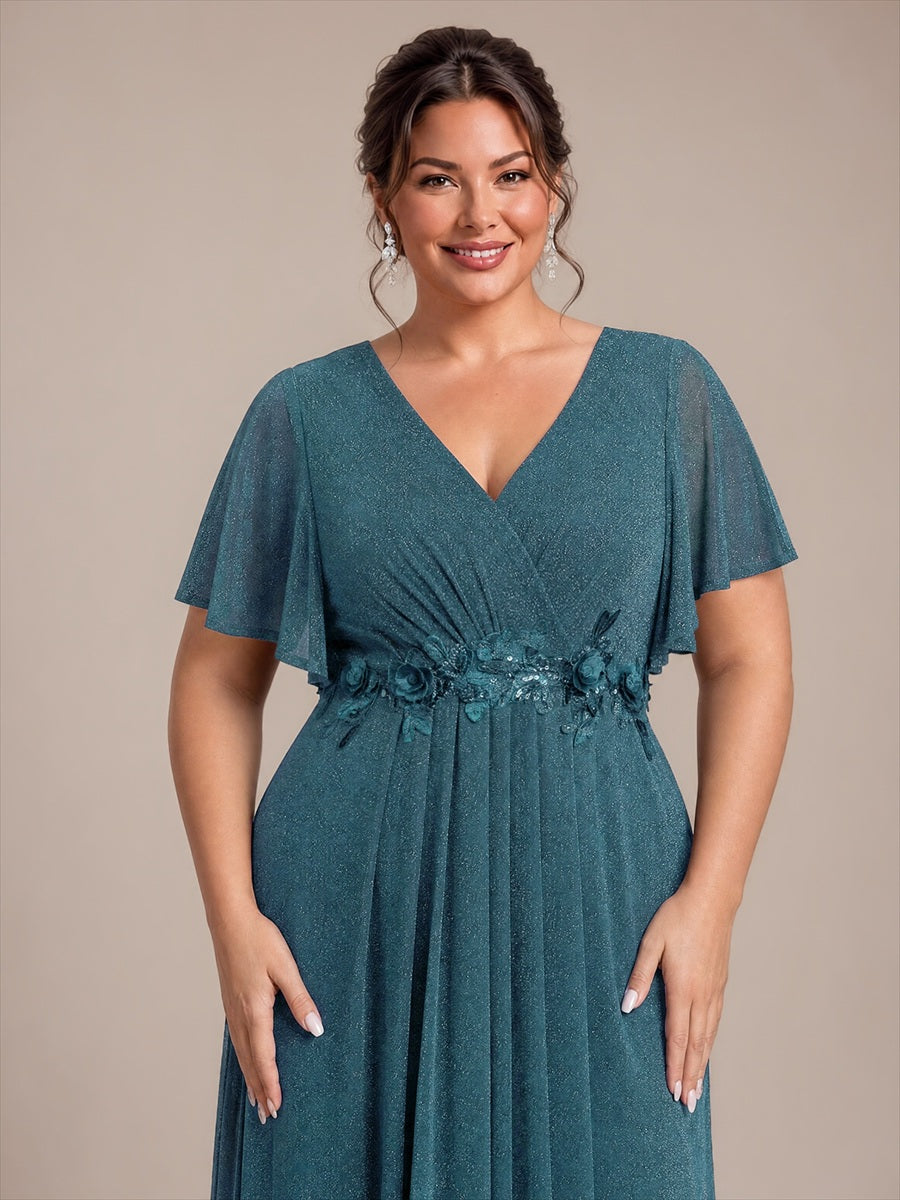 Maxikleid Mit V-Ausschnitt Falten Design Aus Lurex Netzstoff Fließender Rock Elegantes Abendkleid #Farbe_Petrol