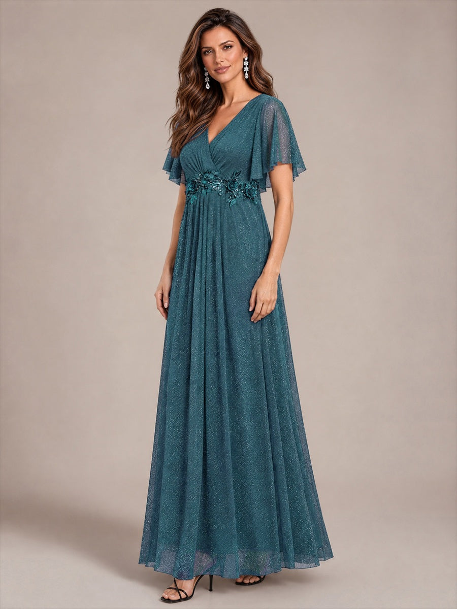 Maxikleid Mit V-Ausschnitt Falten Design Aus Lurex Netzstoff Fließender Rock Elegantes Abendkleid #Farbe_Petrol
