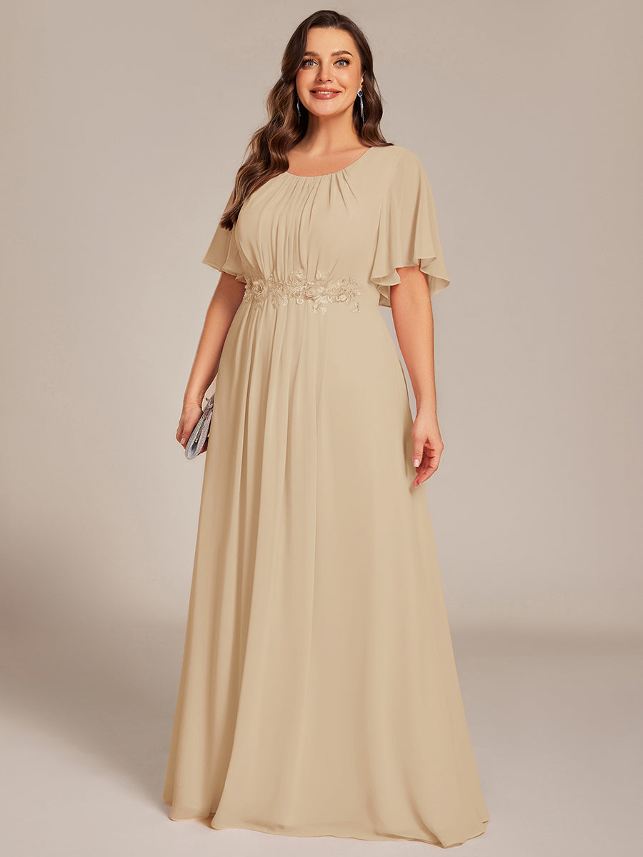 Bodenlanger A-Linien Chiffonkleid Mit Raffung Blumenmuster Und Applikationen #Farbe_Champagner