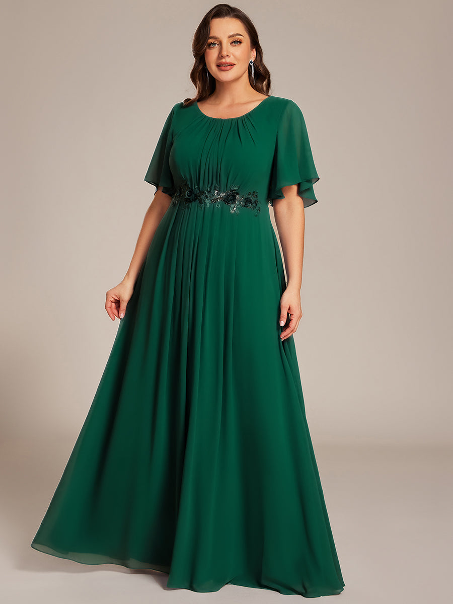 Bodenlanger A-Linien Chiffonkleid Mit Raffung Blumenmuster Und Applikationen #Farbe_Dunkelgrün