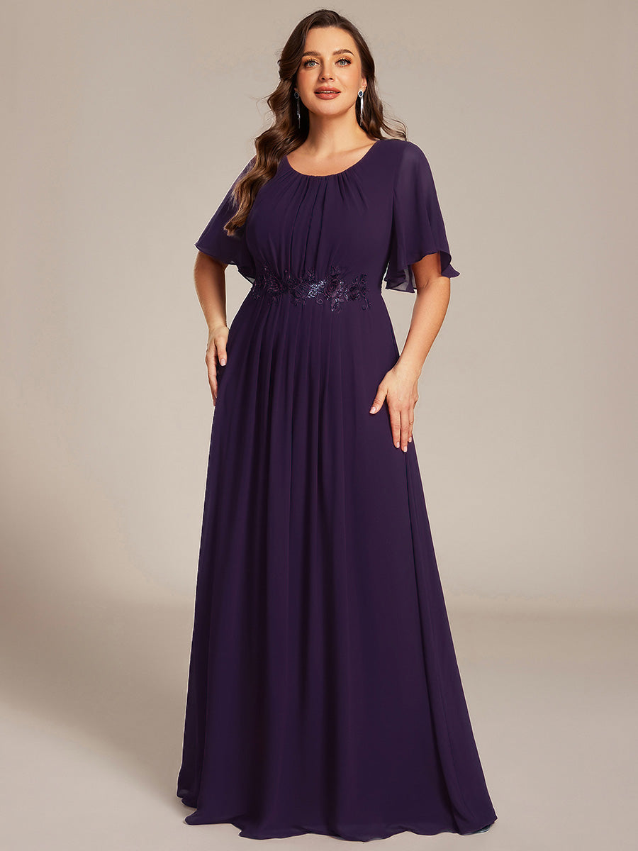 Bodenlanger A-Linien Chiffonkleid Mit Raffung Blumenmuster Und Applikationen #Farbe_Dunkelviolett