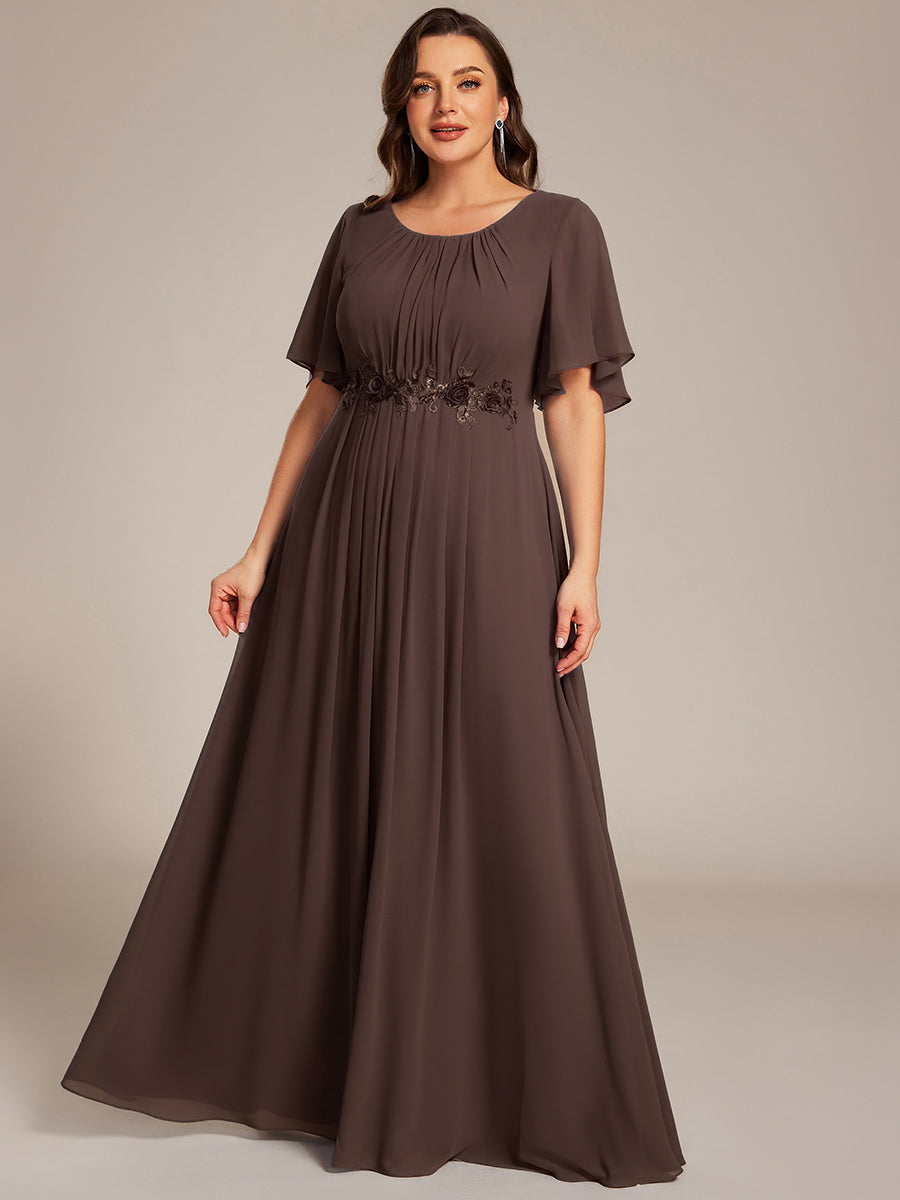 Bodenlanger A-Linien Chiffonkleid Mit Raffung Blumenmuster Und Applikationen #Farbe_Espressobraun