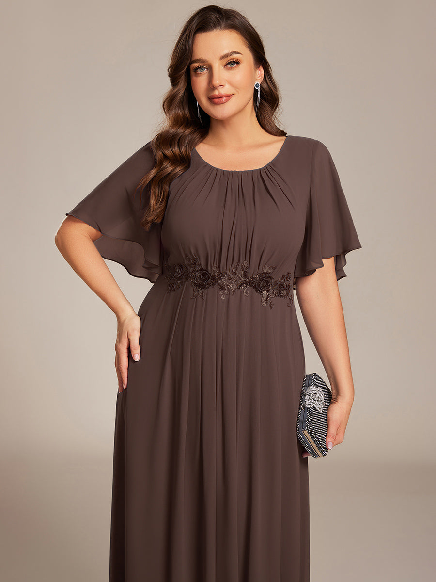 Bodenlanger A-Linien Chiffonkleid Mit Raffung Blumenmuster Und Applikationen #Farbe_Espressobraun