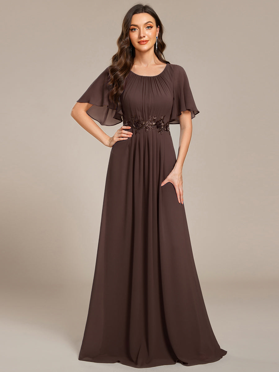 Bodenlanger A-Linien Chiffonkleid Mit Raffung Blumenmuster Und Applikationen #Farbe_Espressobraun