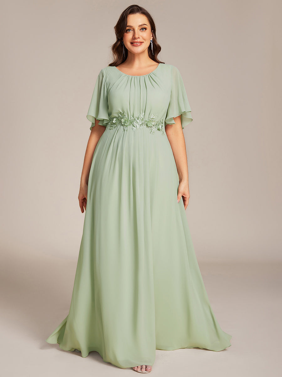 Bodenlanger A-Linien Chiffonkleid Mit Raffung Blumenmuster Und Applikationen #Farbe_Mintgrün