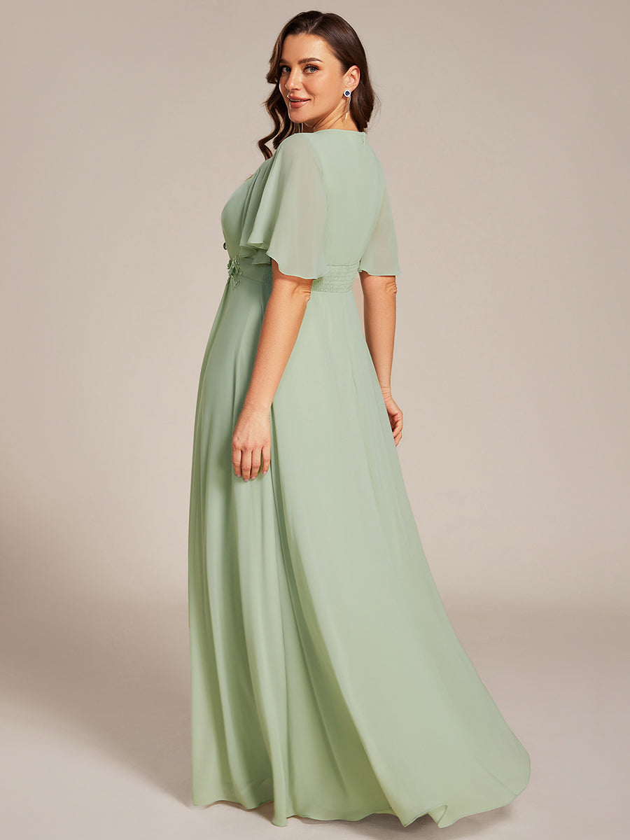 Bodenlanger A-Linien Chiffonkleid Mit Raffung Blumenmuster Und Applikationen #Farbe_Mintgrün