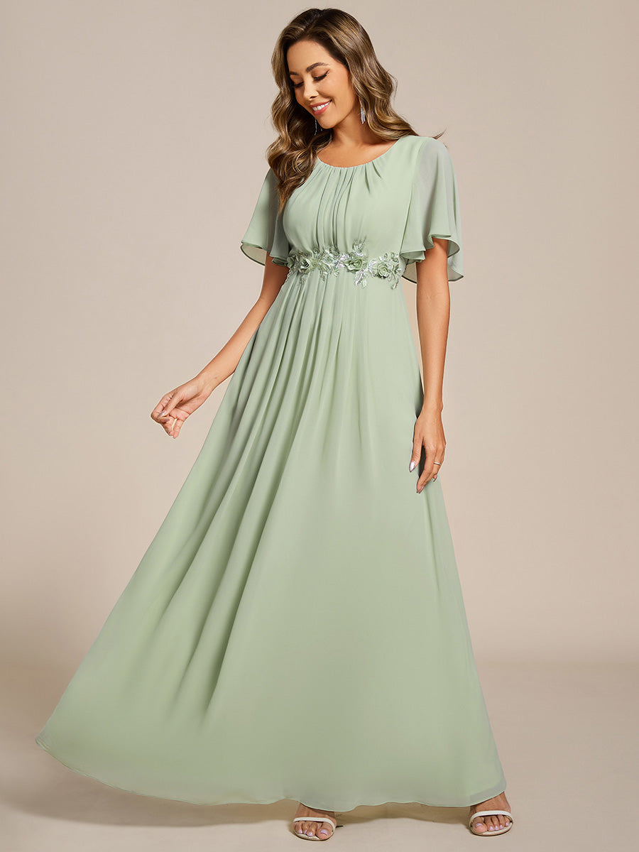 Bodenlanger A-Linien Chiffonkleid Mit Raffung Blumenmuster Und Applikationen #Farbe_Mintgrün