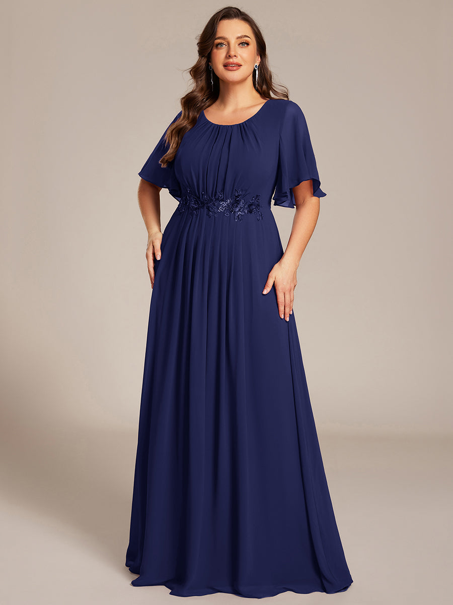 Bodenlanger A-Linien Chiffonkleid Mit Raffung Blumenmuster Und Applikationen #Farbe_Marineblau