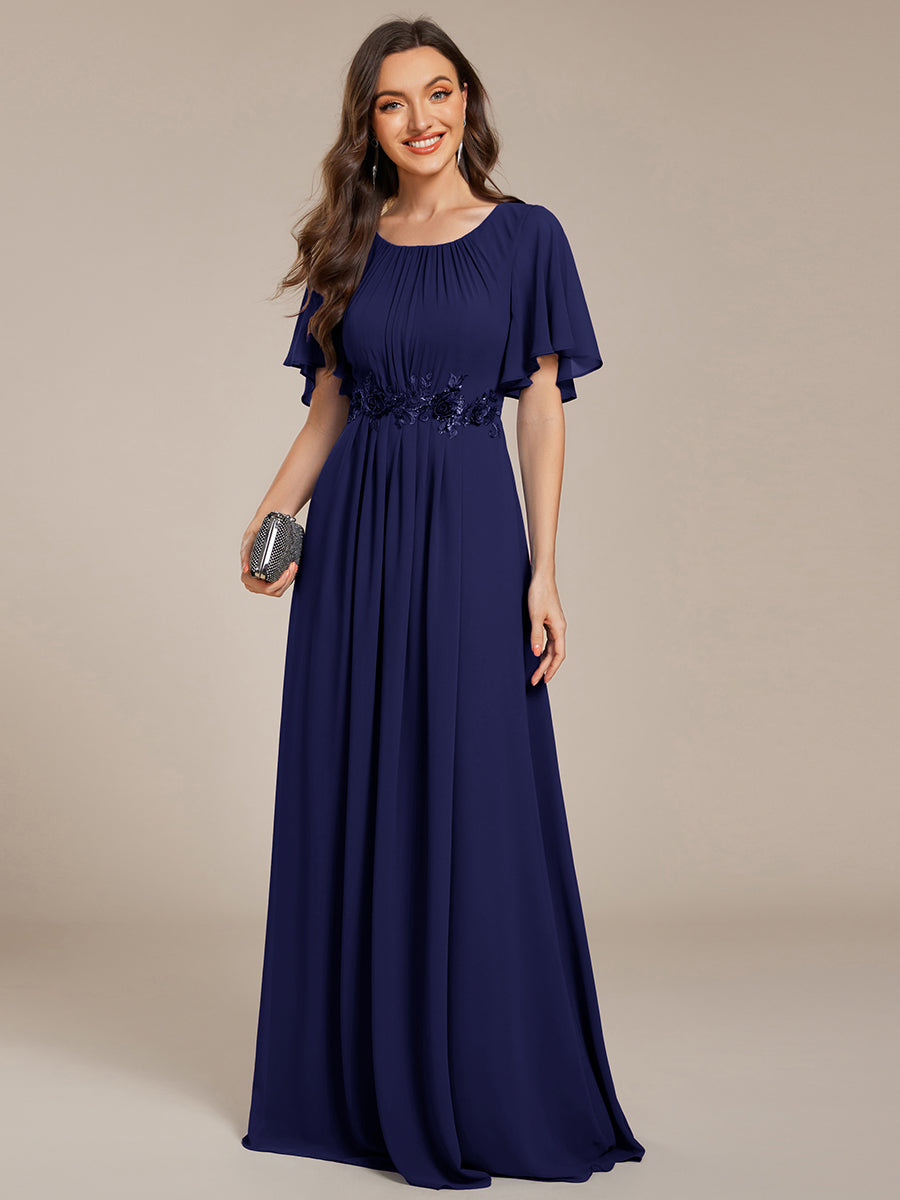 Bodenlanger A-Linien Chiffonkleid Mit Raffung Blumenmuster Und Applikationen #Farbe_Marineblau