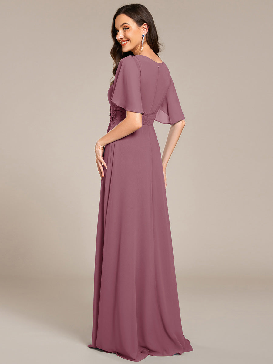 Bodenlanger A-Linien Chiffonkleid Mit Raffung Blumenmuster Und Applikationen #Farbe_Orchideenviolett