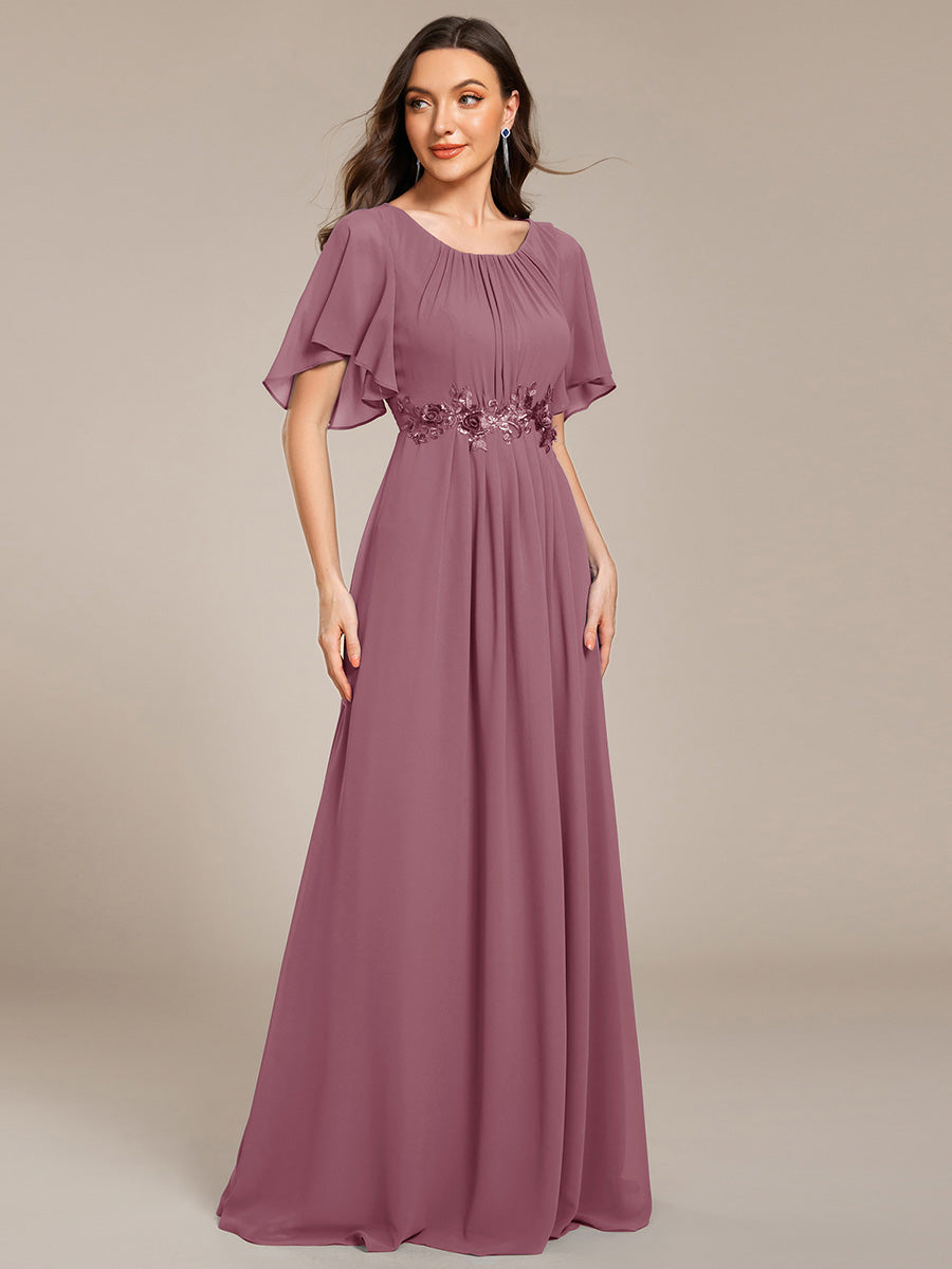 Bodenlanger A-Linien Chiffonkleid Mit Raffung Blumenmuster Und Applikationen #Farbe_Orchideenviolett