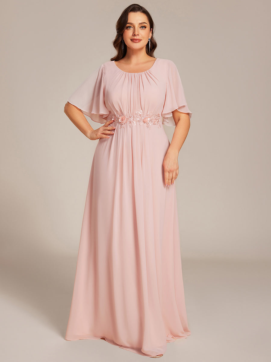 Bodenlanger A-Linien Chiffonkleid Mit Raffung Blumenmuster Und Applikationen #Farbe_Pink