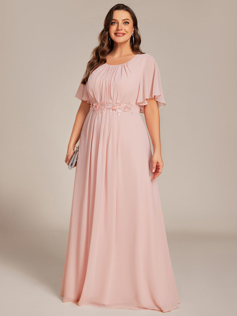 Bodenlanger A-Linien Chiffonkleid Mit Raffung Blumenmuster Und Applikationen #Farbe_Pink