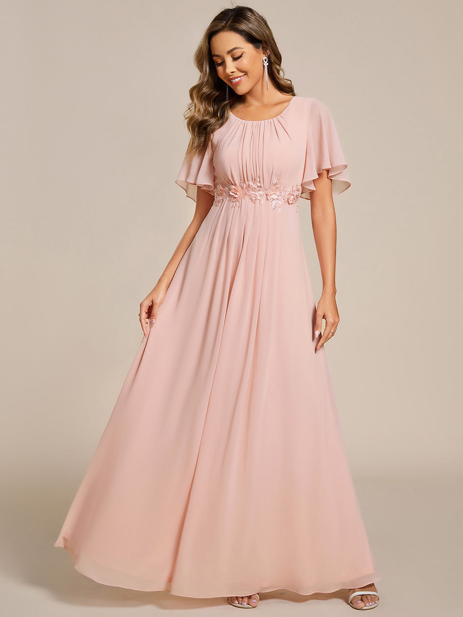 Bodenlanger A-Linien Chiffonkleid Mit Raffung Blumenmuster Und Applikationen #Farbe_Pink