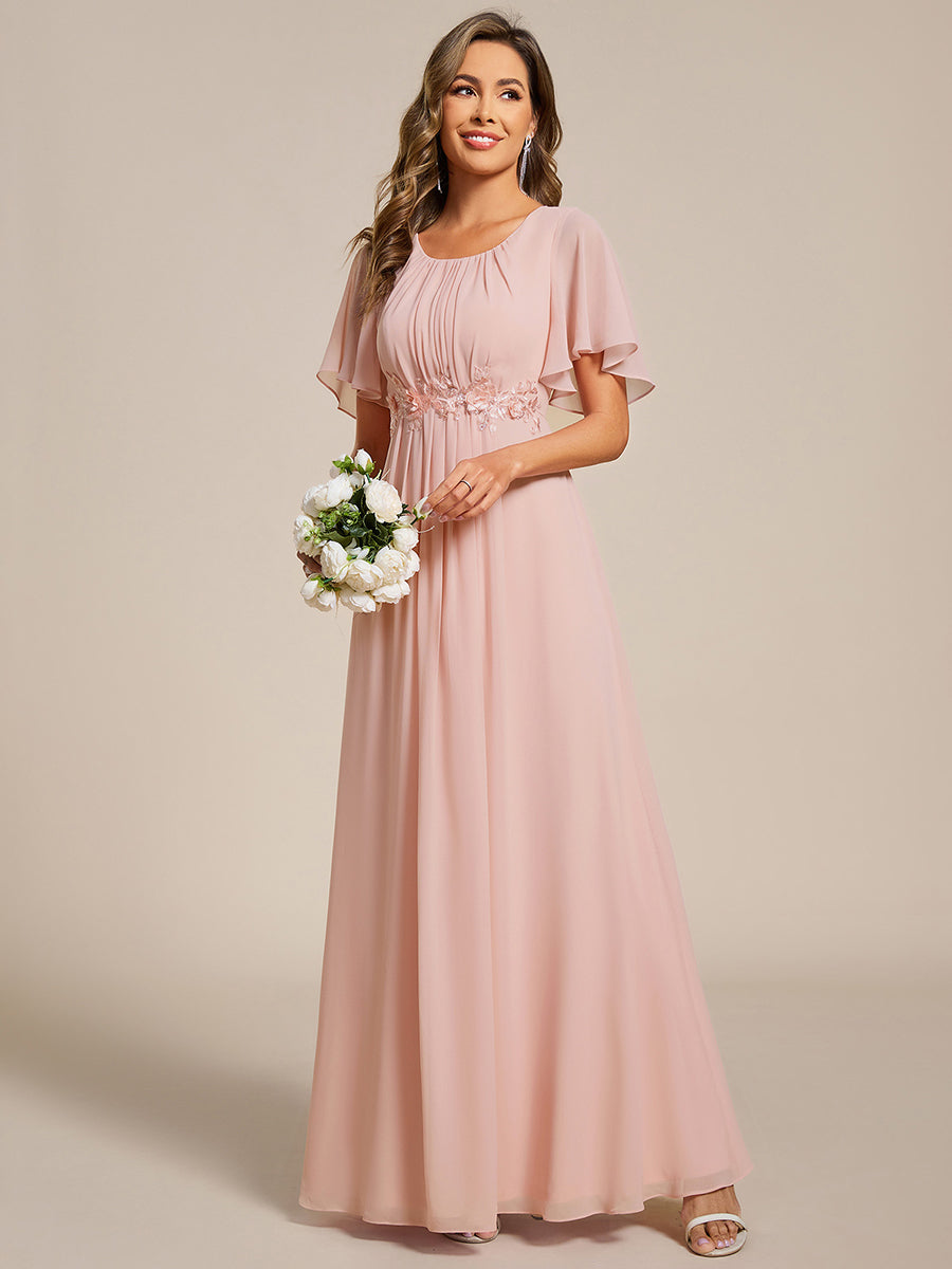 Bodenlanger A-Linien Chiffonkleid Mit Raffung Blumenmuster Und Applikationen #Farbe_Pink