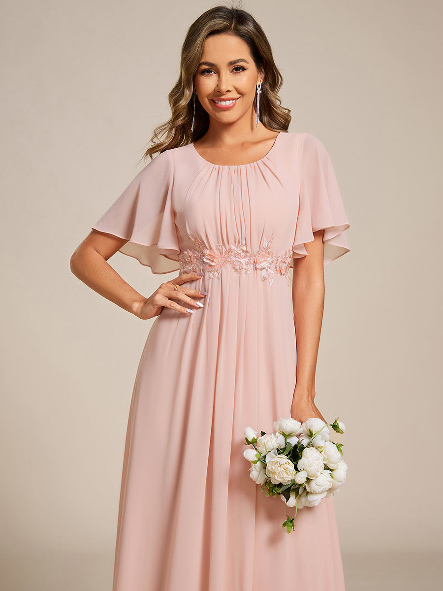 Bodenlanger A-Linien Chiffonkleid Mit Raffung Blumenmuster Und Applikationen #Farbe_Pink