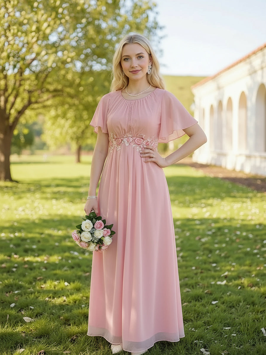 Bodenlanger A-Linien Chiffonkleid Mit Raffung Blumenmuster Und Applikationen #Farbe_Pink