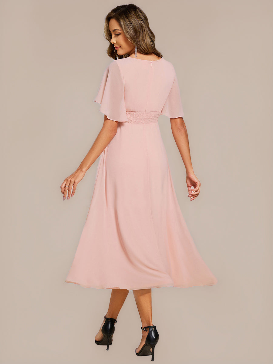 Midi Länge A Linie Chiffon Kleid Mit Rundhalsausschnitt Raffung Blumenmuster Und Applikationen #Farbe_Pink