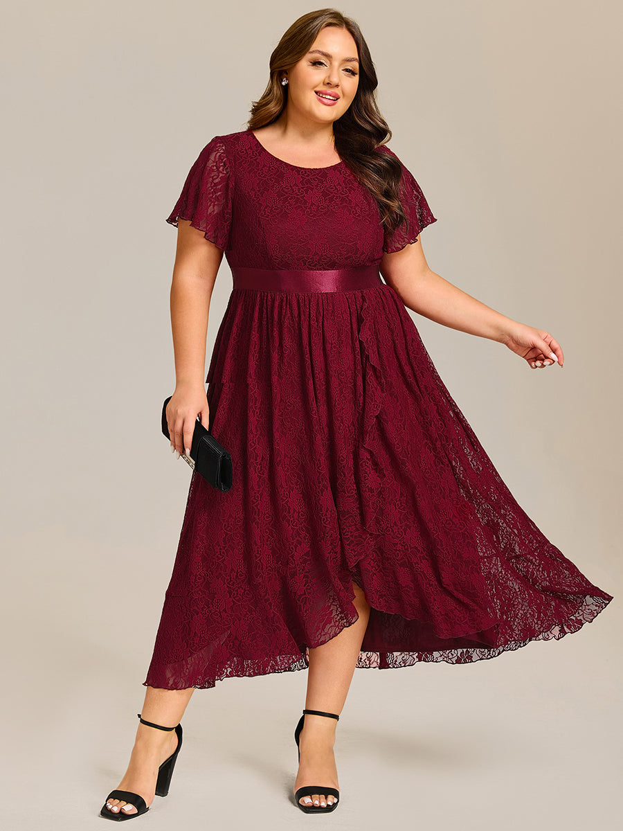 Hochtief Spitzen A Linie Kleid Mit Rundhalsausschnitt Blumenmuster Und Durchsichtigen Details Kleid #Farbe_Burgunderrot