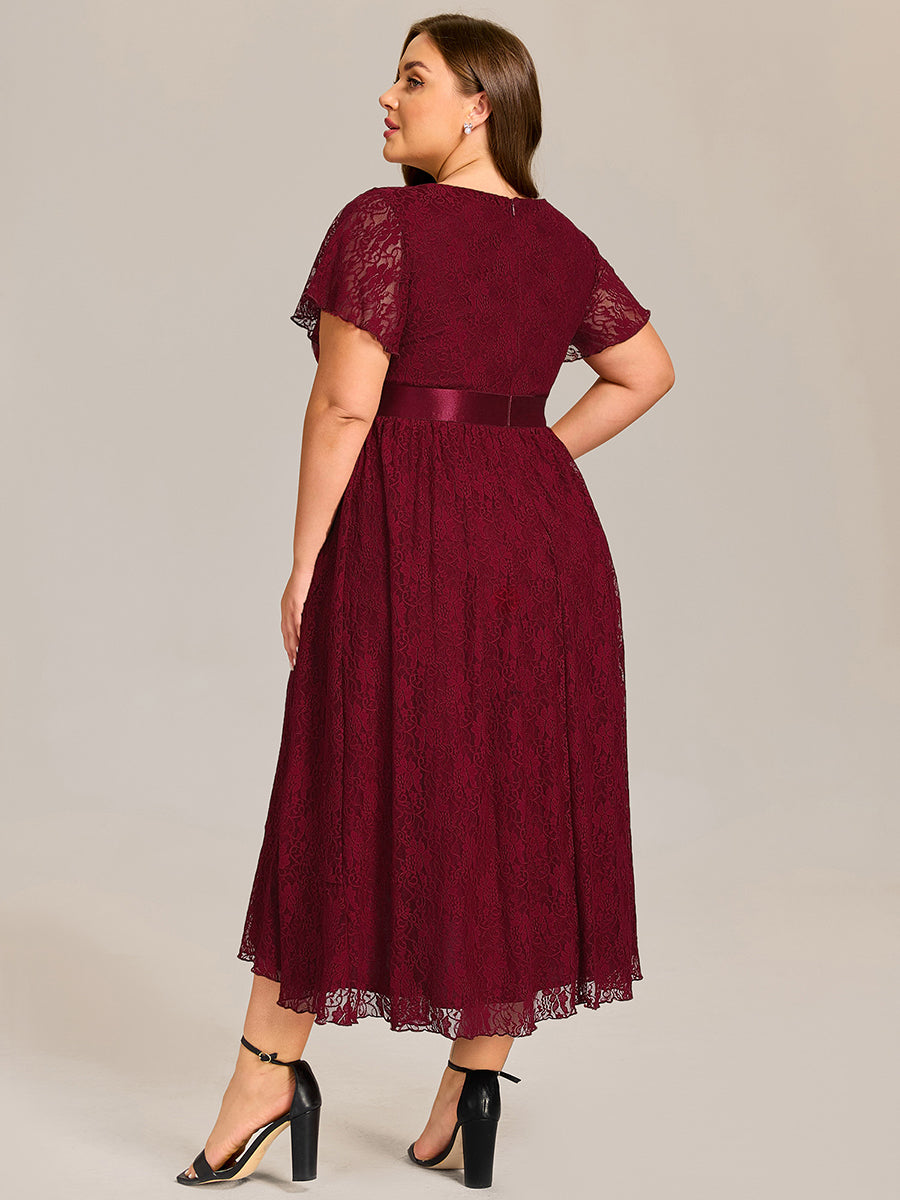 Hochtief Spitzen A Linie Kleid Mit Rundhalsausschnitt Blumenmuster Und Durchsichtigen Details Kleid #Farbe_Burgunderrot