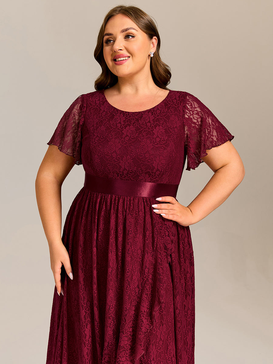 Hochtief Spitzen A Linie Kleid Mit Rundhalsausschnitt Blumenmuster Und Durchsichtigen Details Kleid #Farbe_Burgunderrot