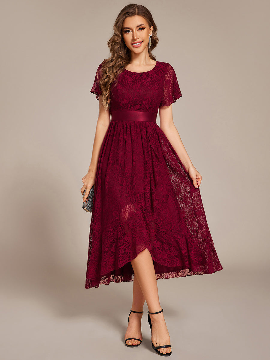 Hochtief Spitzen A Linie Kleid Mit Rundhalsausschnitt Blumenmuster Und Durchsichtigen Details Kleid #Farbe_Burgunderrot