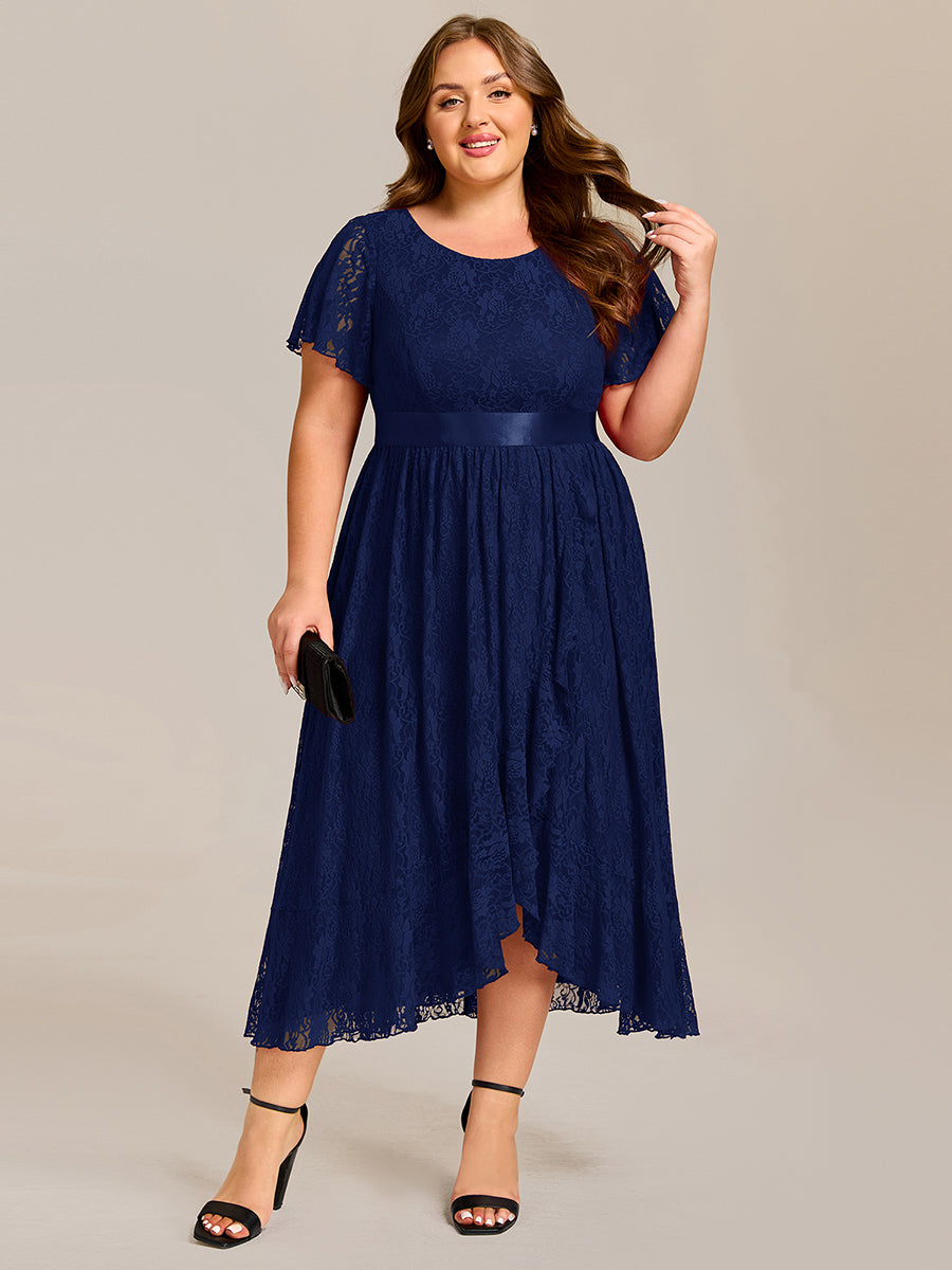 Hochtief Spitzen A Linie Kleid Mit Rundhalsausschnitt Blumenmuster Und Durchsichtigen Details Kleid #Farbe_Marineblau