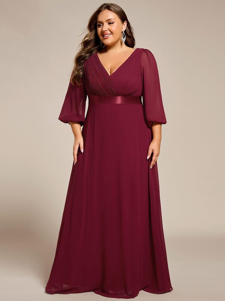 Funkelndes Abendkleid in A-Linie mit Empire-Taille und langen ?rmeln #farbe_Burgundy
