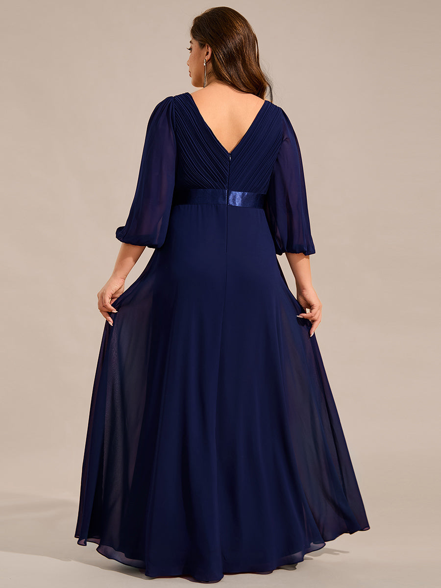 Funkelndes Abendkleid in A-Linie mit Empire-Taille und langen ?rmeln #farbe_Marineblau