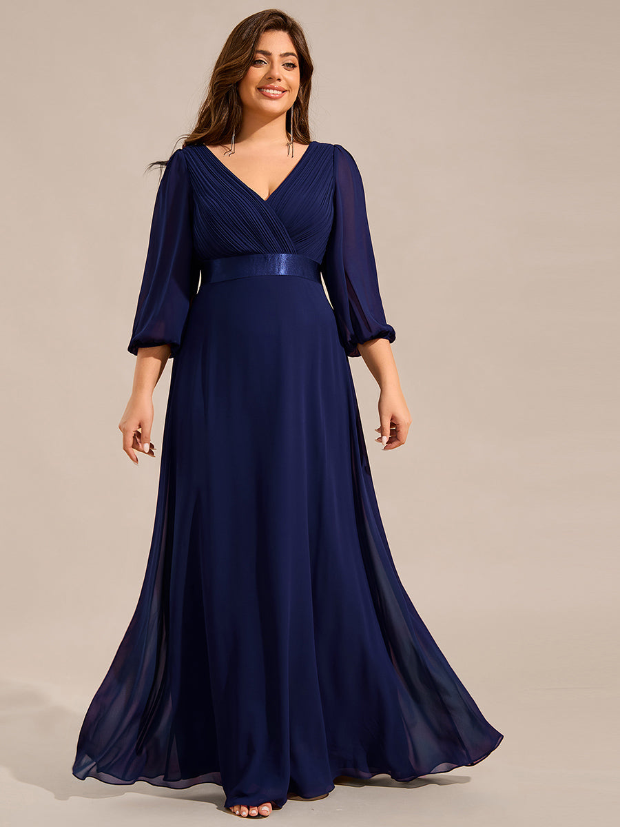 Funkelndes Abendkleid in A-Linie mit Empire-Taille und langen ?rmeln #farbe_Marineblau