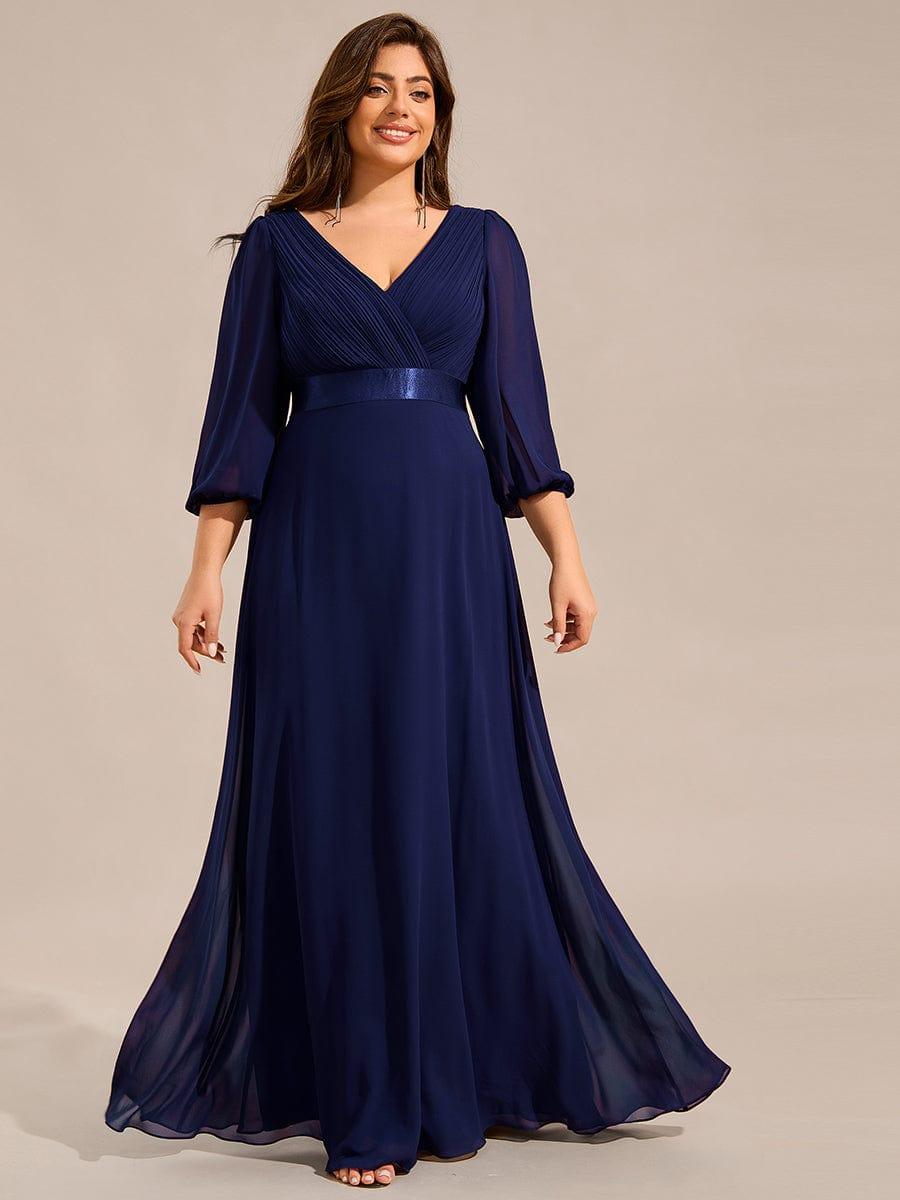 Funkelndes Abendkleid in A-Linie mit Empire-Taille und langen ?rmeln #farbe_Navy Blau