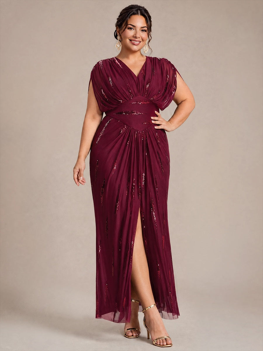 Maxilänge V-Ausschnitt Figurbetontes Kleid Aus Tüll Mit Schlitz Und 3D Drapierung Pailletten #Farbe_Burgunderrot