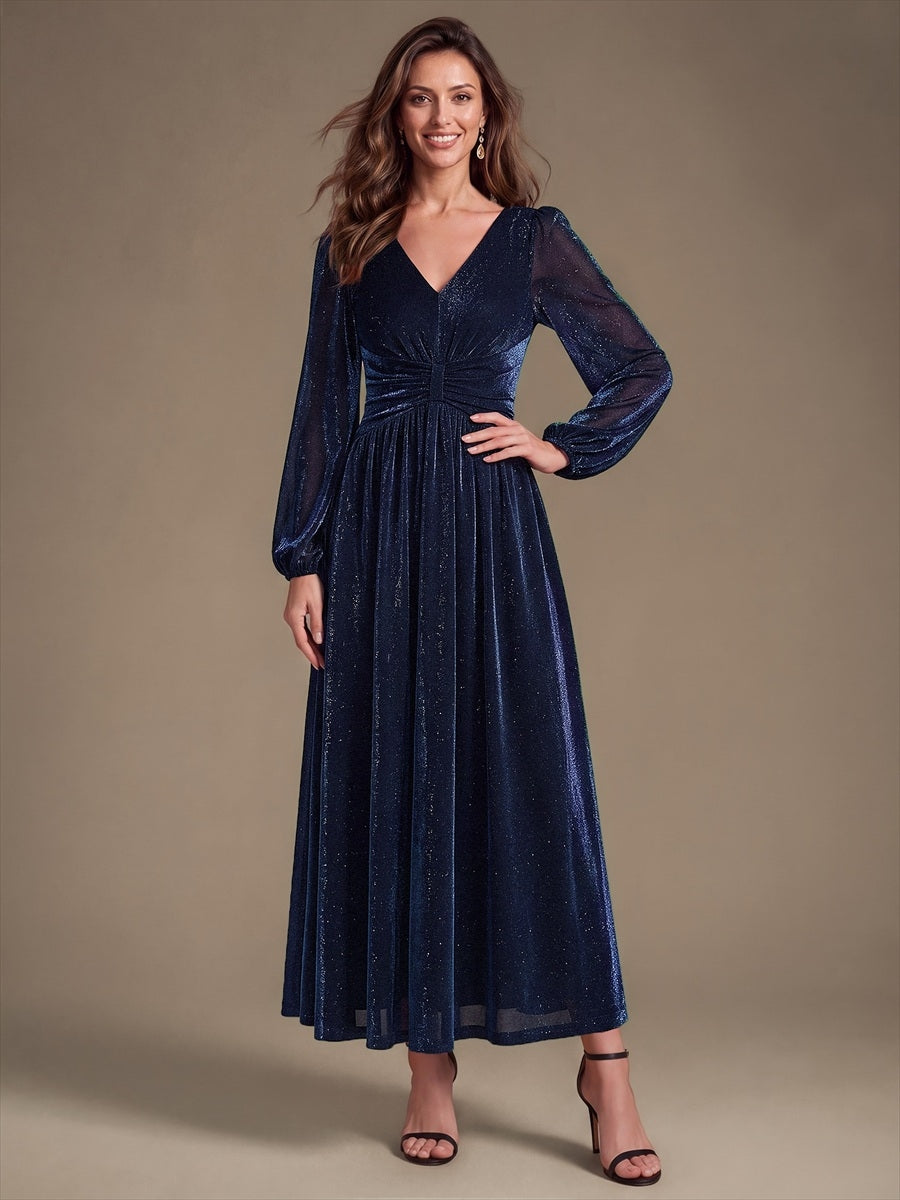 Maxilänge V-Ausschnitt A-Linien Kleid Aus Lurex Netzstoff Mit 3D Drapierung #Farbe_Marineblau