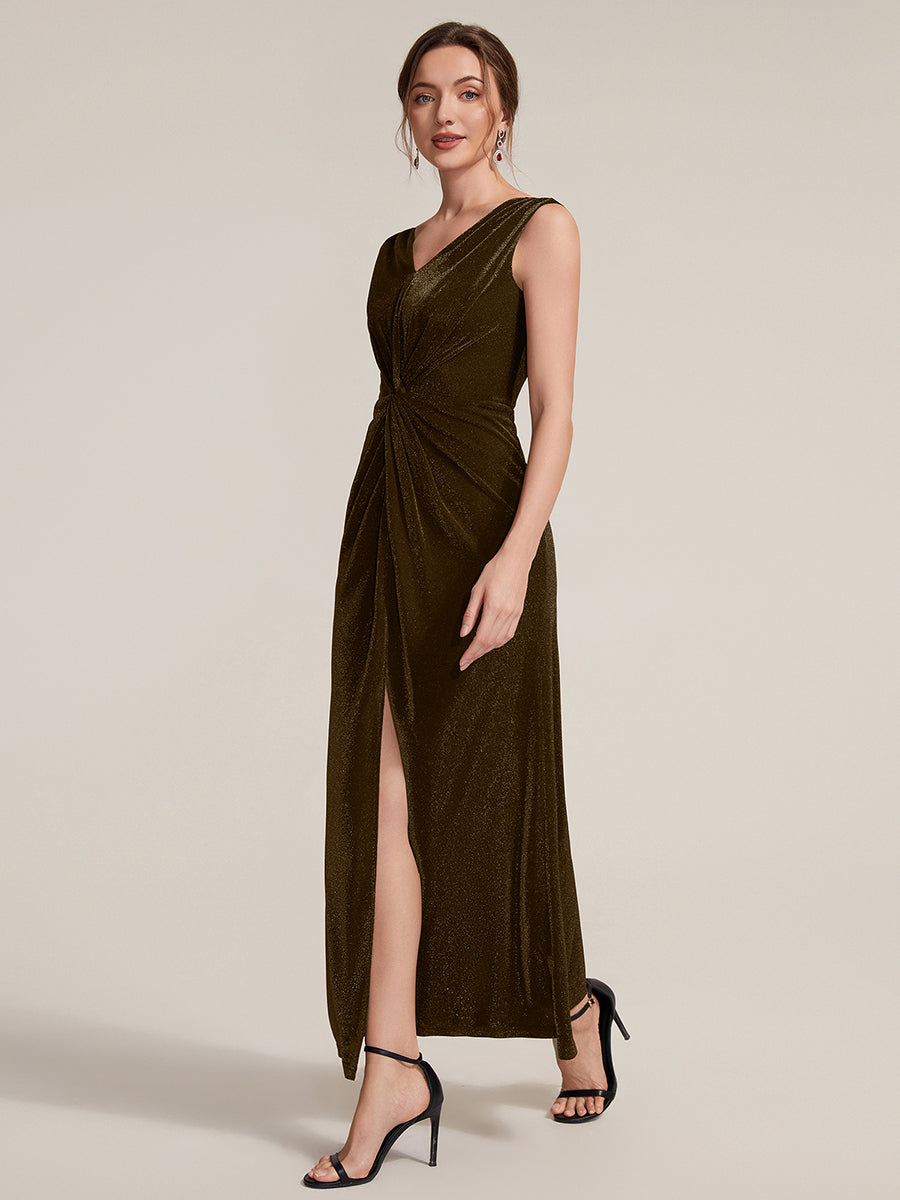 Maxilänge V-Ausschnitt Etui-Kleid Aus Lurex-Netzstoff Schlitz Zum Binden #Farbe_Braun