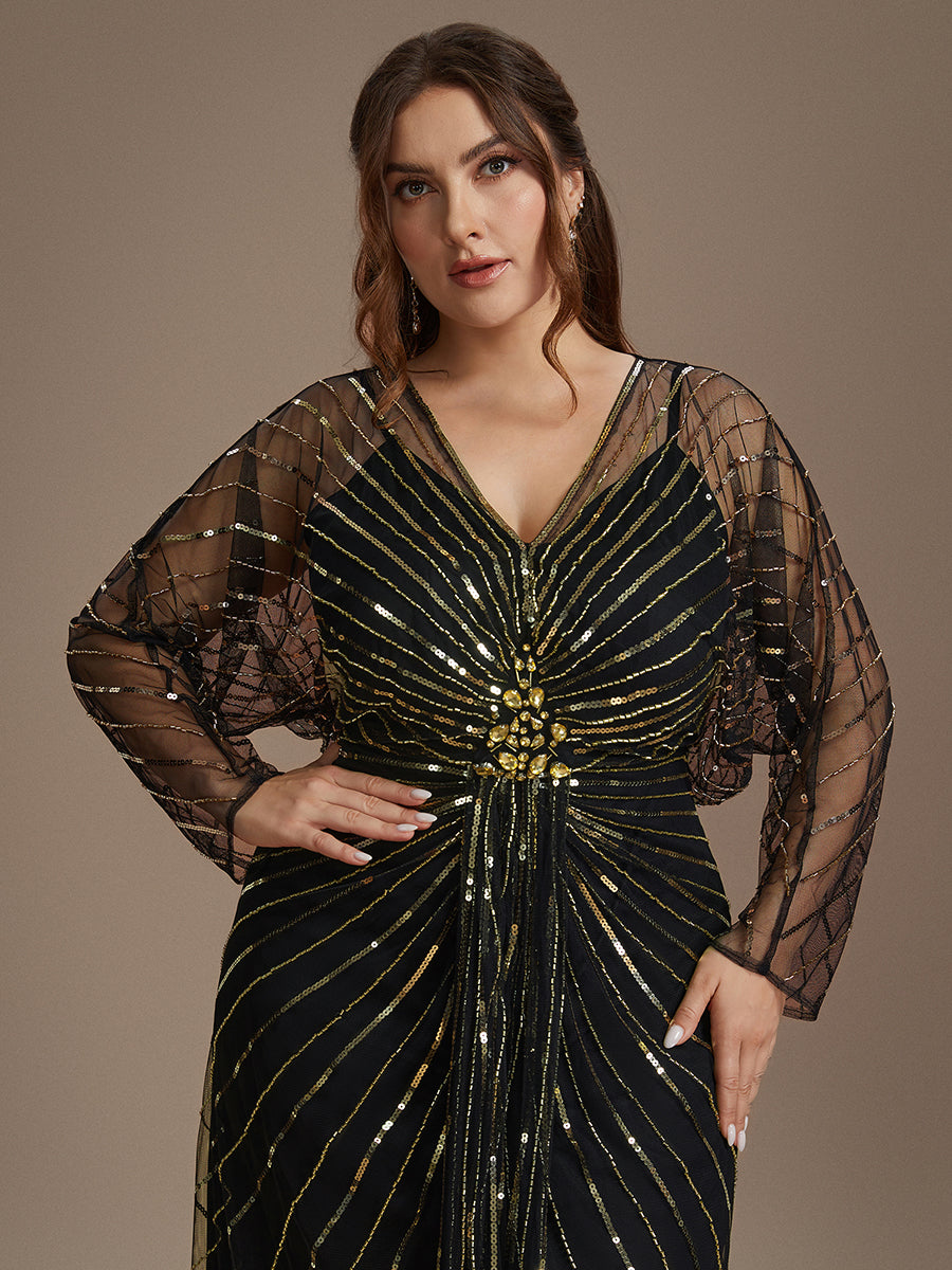 Maxilänge V-Ausschnitt Etui Kleid Aus Tüll Mit Schlitz Und Perlenbesetzt #Farbe_Schwarz & Gold