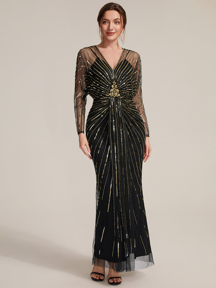 Maxilänge V-Ausschnitt Etui Kleid Aus Tüll Mit Schlitz Und Perlenbesetzt #Farbe_Schwarz & Gold