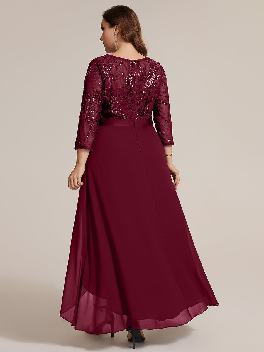 Asymmetrischer Saum Kleid Runder Ausschnitt Pailletten Transparent Schlitz Design #Farbe_Burgunderrot