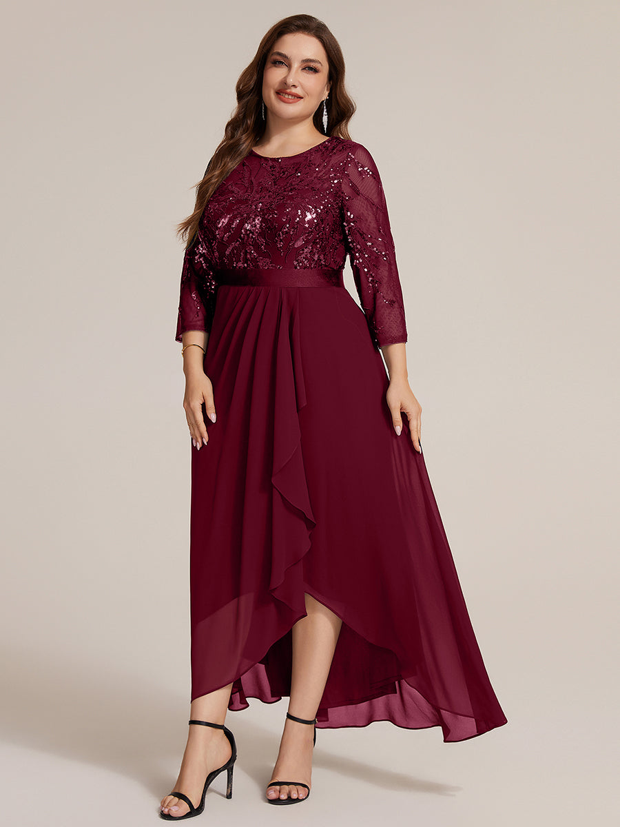 Asymmetrischer Saum Kleid Runder Ausschnitt Pailletten Transparent Schlitz Design #Farbe_Burgunderrot