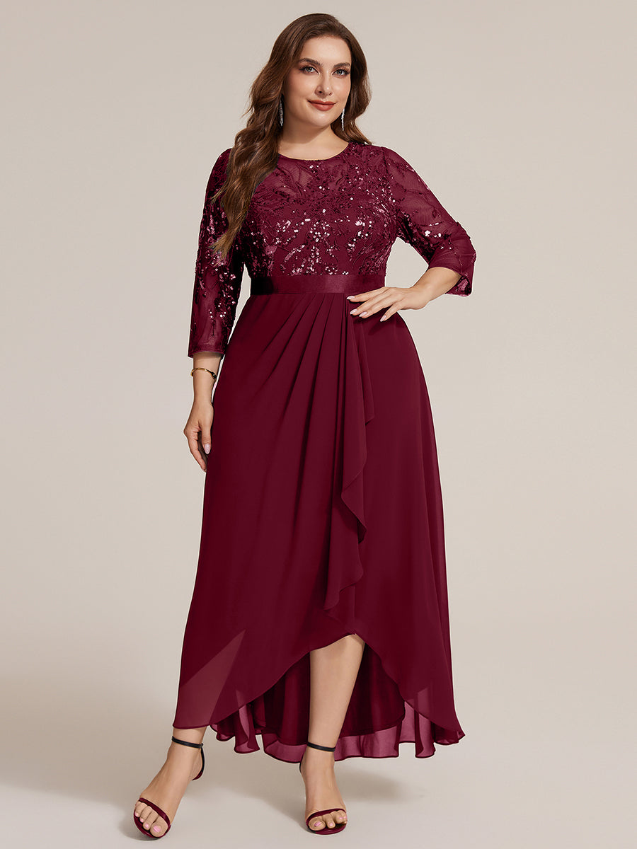 Asymmetrischer Saum Kleid Runder Ausschnitt Pailletten Transparent Schlitz Design #Farbe_Burgunderrot