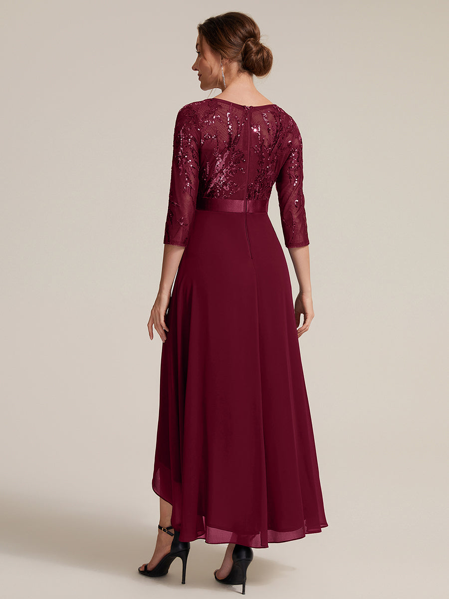 Asymmetrischer Saum Kleid Runder Ausschnitt Pailletten Transparent Schlitz Design #Farbe_Burgunderrot