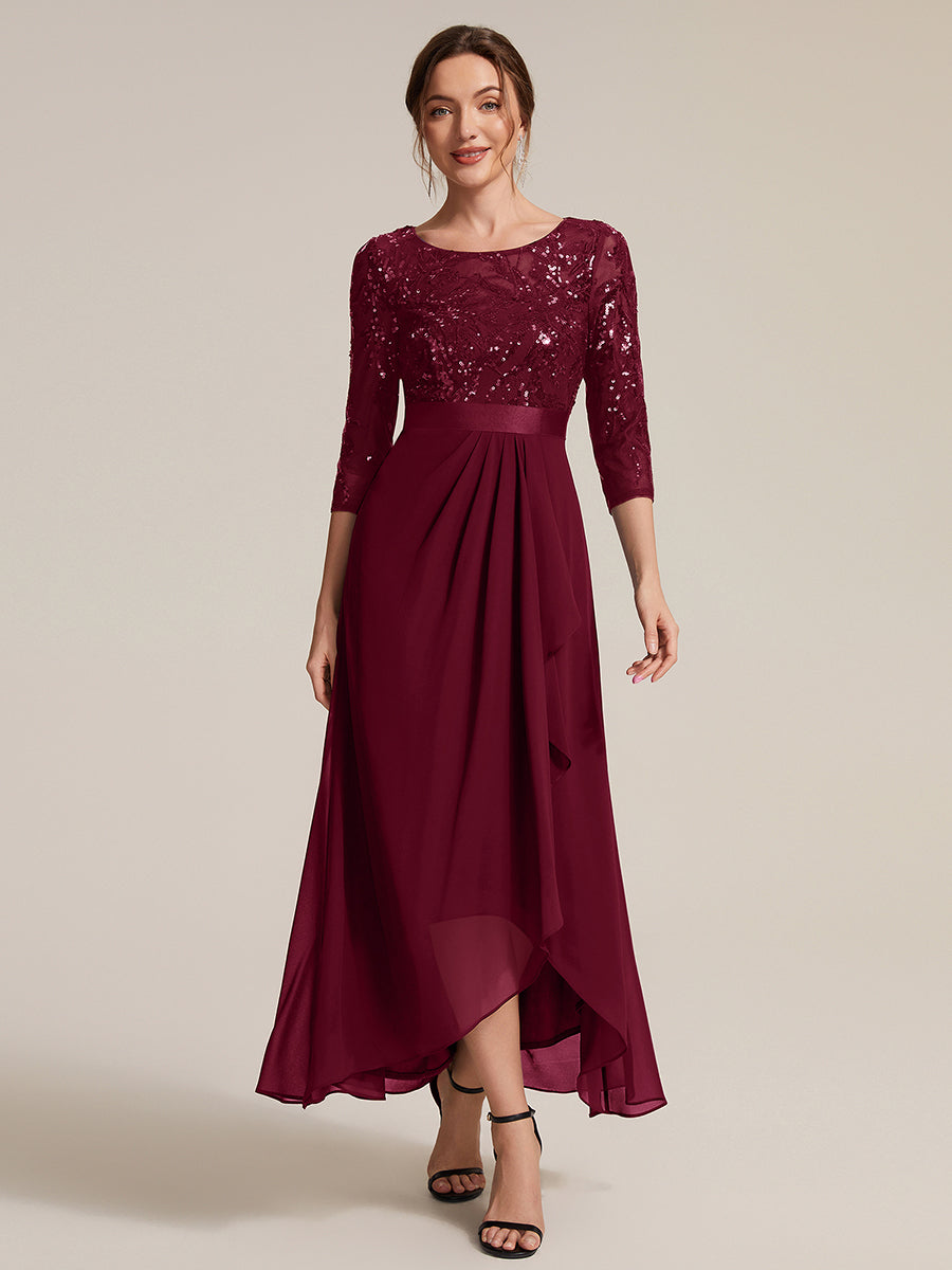Asymmetrischer Saum Kleid Runder Ausschnitt Pailletten Transparent Schlitz Design #Farbe_Burgunderrot