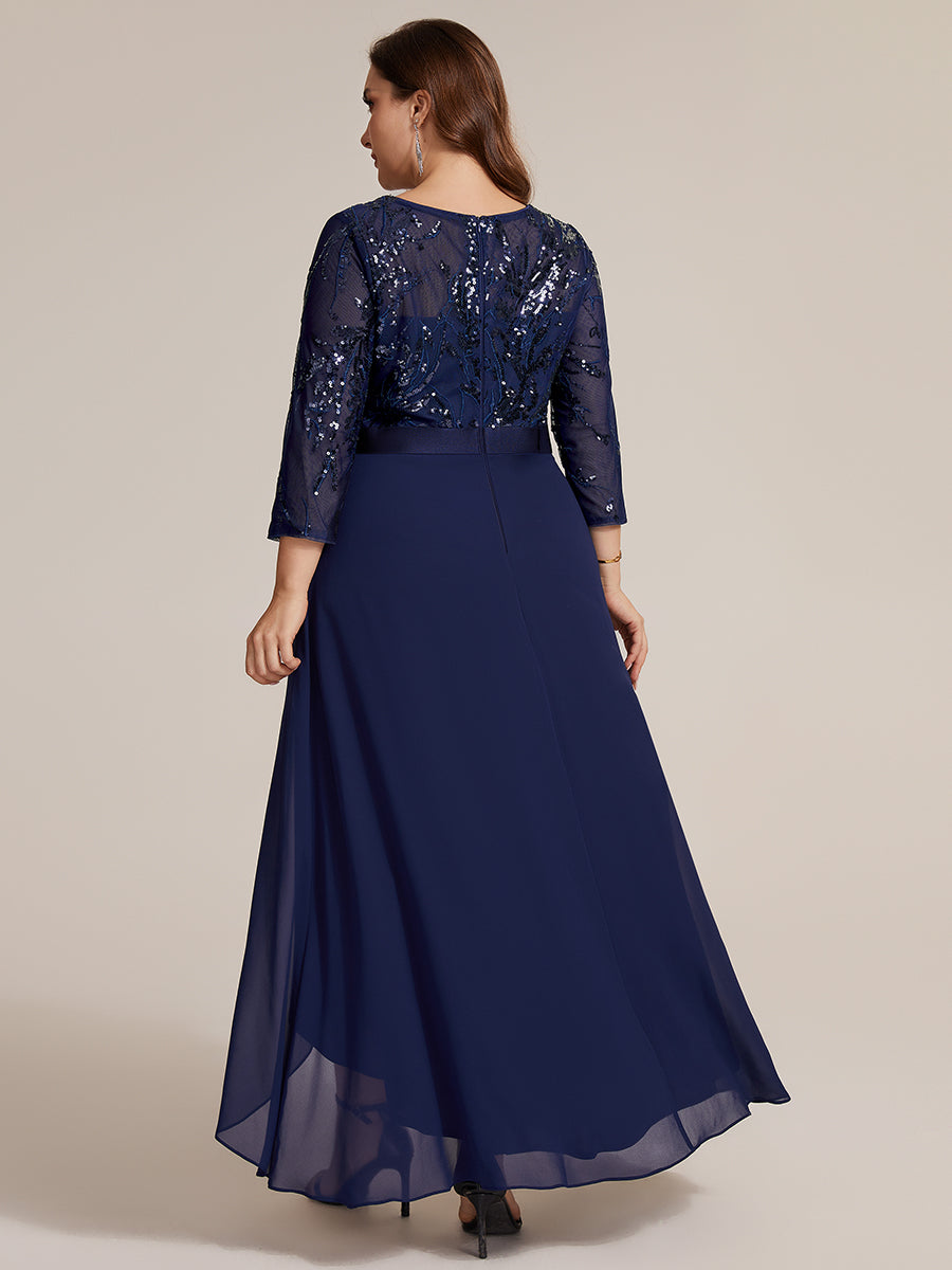Asymmetrischer Saum Kleid Runder Ausschnitt Pailletten Transparent Schlitz Design #Farbe_Marineblau